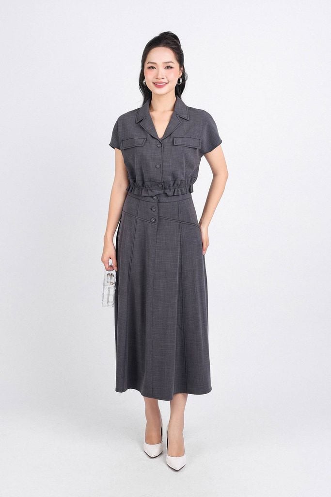 BAK33106 - Áo kiểu công công sở vải tuytsi dáng lửng cổ hai ve ngực áo phối túi trang trí gấu áo bo chun - PANTIO