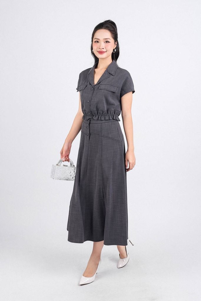 BAK33106 - Áo kiểu công công sở vải tuytsi dáng lửng cổ hai ve ngực áo phối túi trang trí gấu áo bo chun - PANTIO