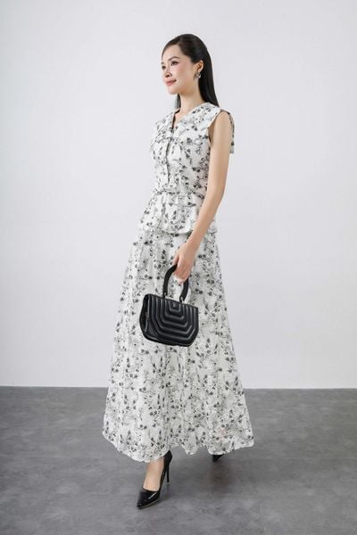 BAK33412 - Áo kiểu công sở vải ren hoa dáng peplum cổ xẻ V vai phối vạt chờm kèm dây đai thắt eo tạo kiểu - PANTIO