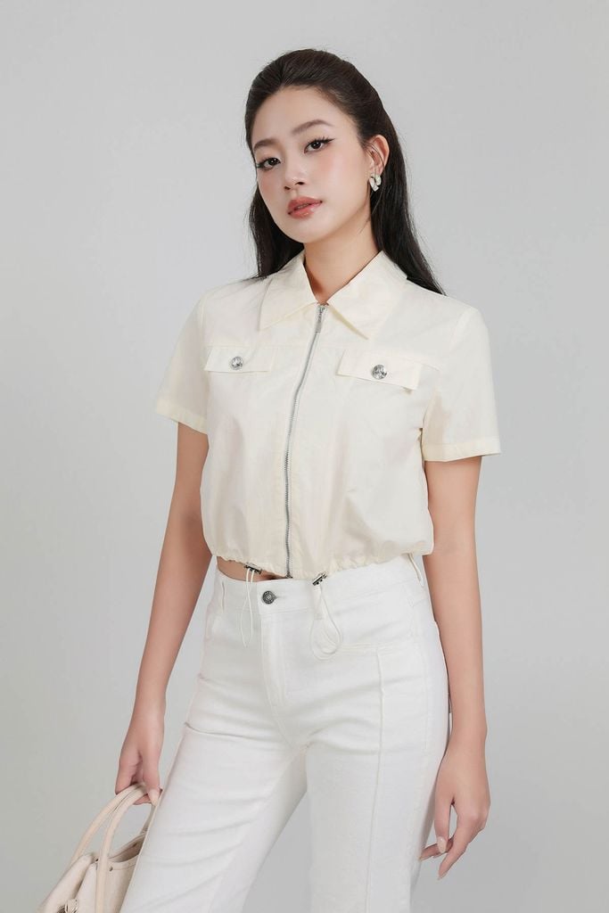 BAK33445 - Áo kiểu công sở vải thô kate dáng croptop cổ đức liền khoá kim loại thời trang gấu áo phối dây rút tạo kiểu - PANTIO