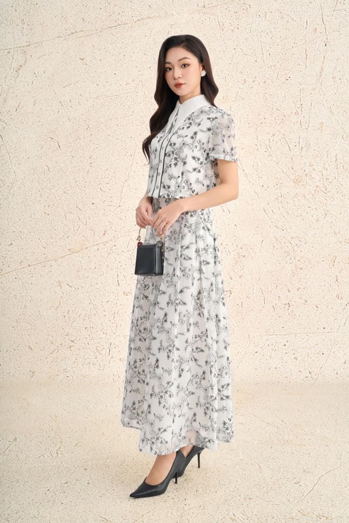 BAK33481 - Áo sơ mi kiểu công sở vải ren hoa dáng ngắn cổ đức tay cộc thân áo phối khuy đá thời trang - PANTIO