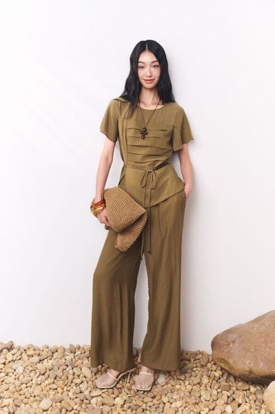 BQD33489 - Quần dài công sở vải thô mỏng dáng suông ống rộng cạp chun co giãn - PANTIO