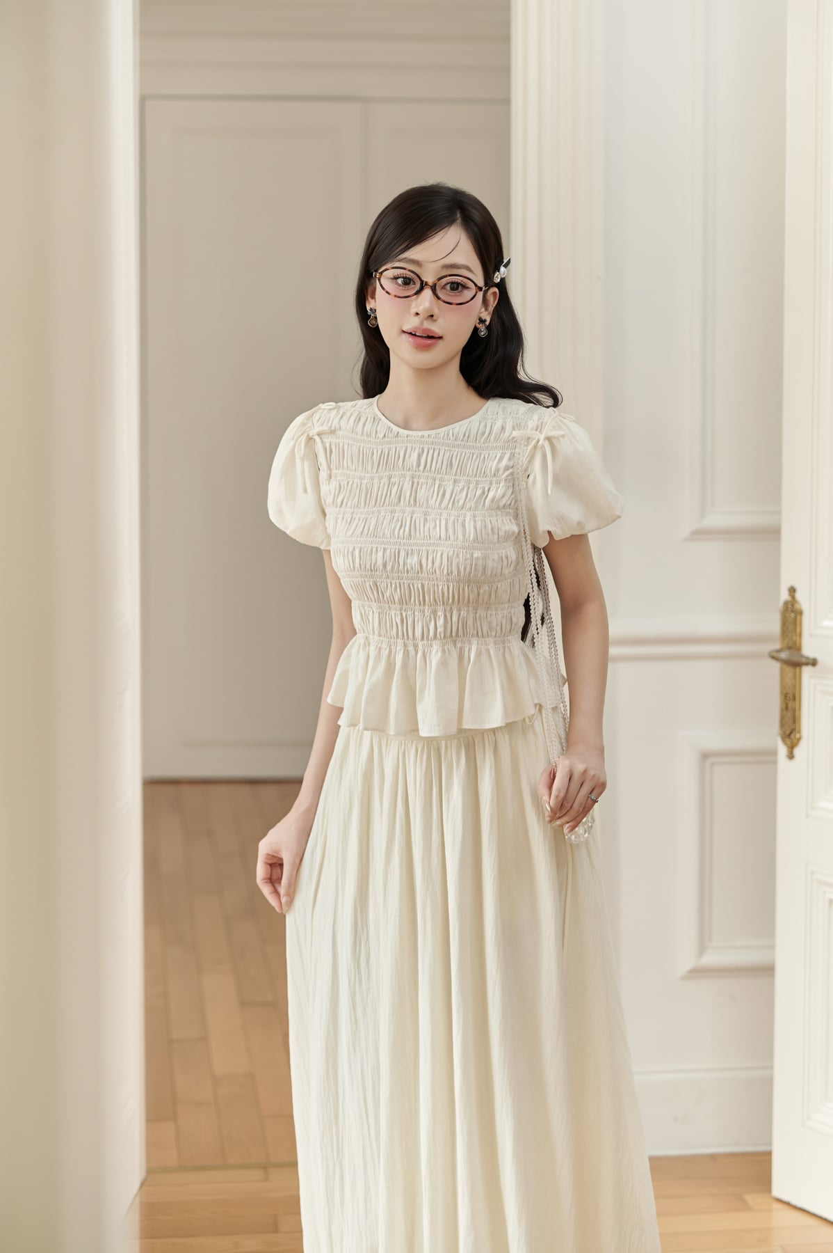 BAK33519 - Áo kiểu dạo phố vải tơ dáng ôm cổ tròn tay bồng thân áo phối chun ôm tạo kiểu - JAN.