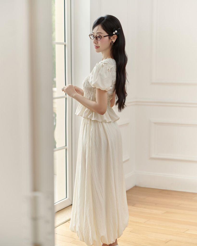 BJD33519 - Chân váy dài vải tơ dáng bí cạp sau bo chun co giãn bên hông phối dây nơ tạo kiểu - JAN.