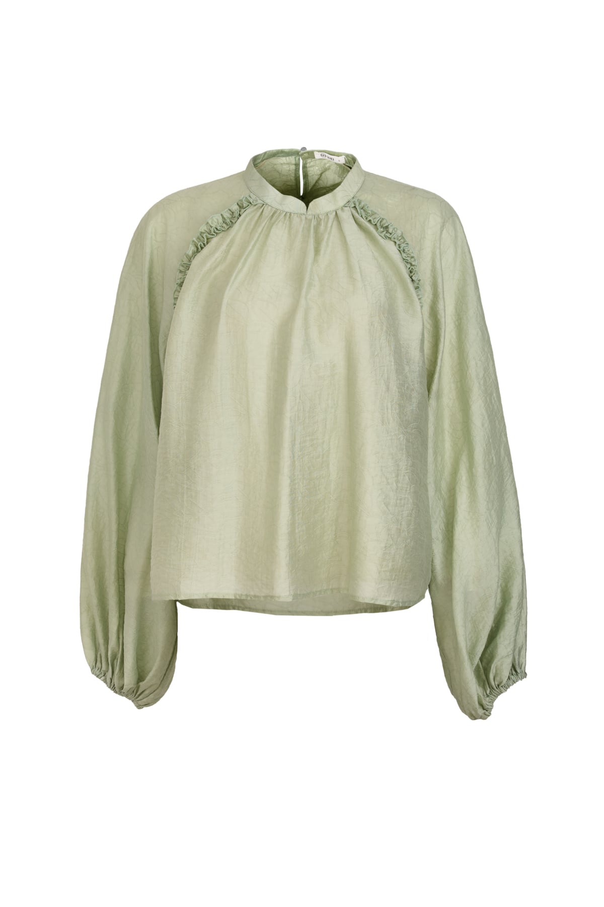 BAK33571 - Áo kiểu công sở vải tơ dáng suông cổ tròn tay dài thân áo phối viền bèo - JAN.