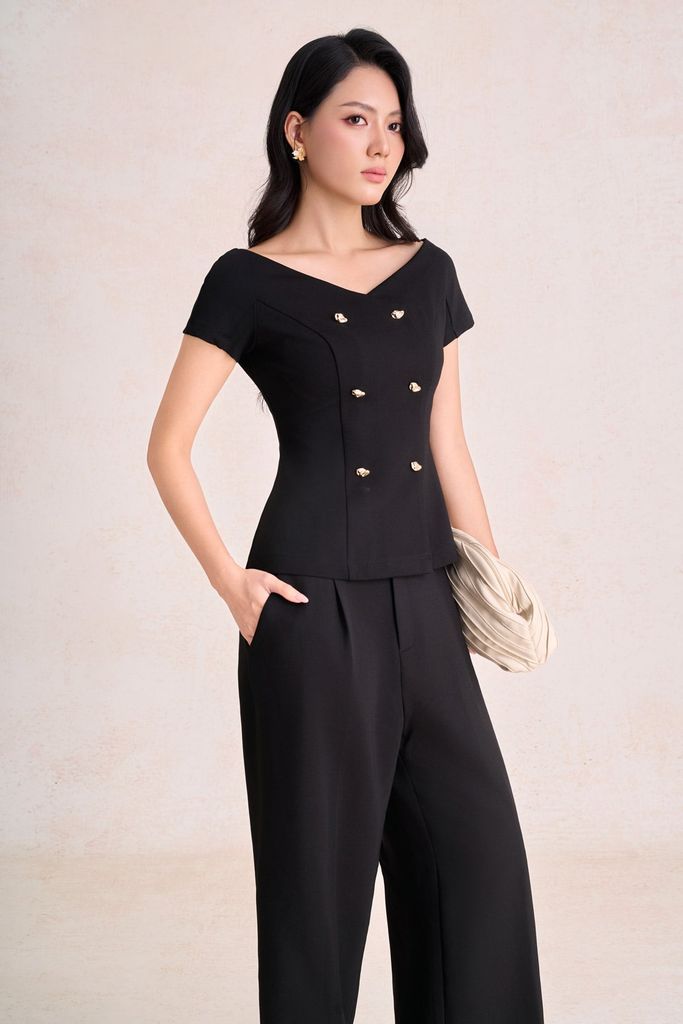 BAK33730 - Áo kiểu công sở vải thô dáng ôm cổ xẻ V tay cộc thân áo đính khuy đá tạo kiểu - PANTIO