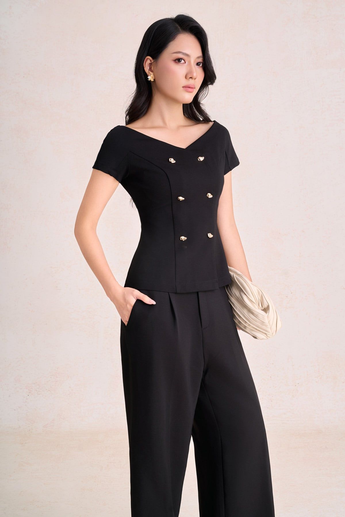 FQD51263 - Quần dài công sở vải thô dáng suông ống rộng thân quần phối ly bung tạo kiểu khoá thân trước