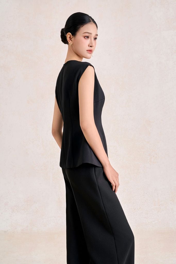 BAK33769 - Áo kiểu công sở vải tuytsi dáng peplum cổ thuyền phối hoa cài tạo kiểu khoá thân sau - PANTIO