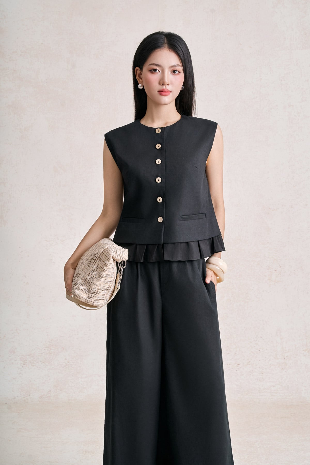 BQD33772 - Quần dài dạo phố vải linen dáng suông ống đứng cạp chun co giãn - PANTIO