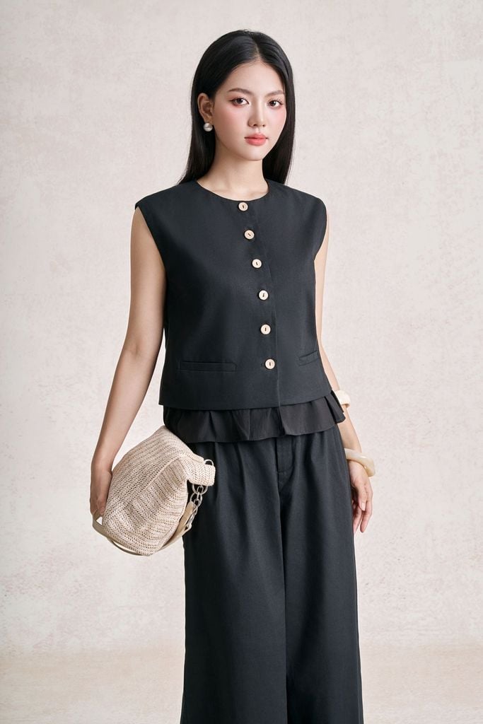 BAK33772 - Áo kiểu dạo phố vải linen dáng suông cổ tròn tay chờm thân áo đính khuy sừng gấu áo phối viền bèo tạo kiểu - tỷ lệ kèo 8899