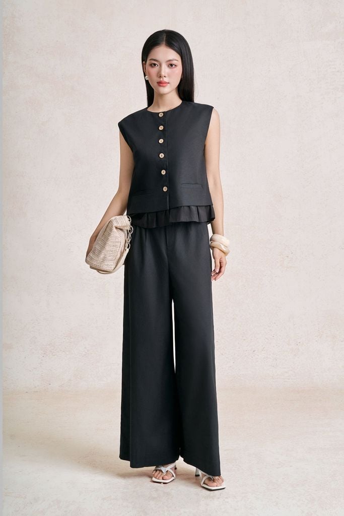 BAK33772 - Áo kiểu dạo phố vải linen dáng suông cổ tròn tay chờm thân áo đính khuy sừng gấu áo phối viền bèo tạo kiểu - tỷ lệ kèo 8899