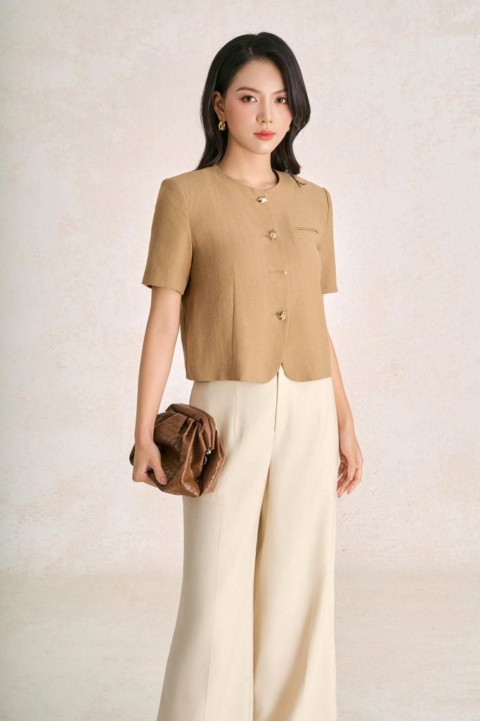 BAK33791 - Áo kiểu công sở vải thô đũi dáng ngắn cổ tròn thân áo phối khuy kim loại thời trang - PANTIO
