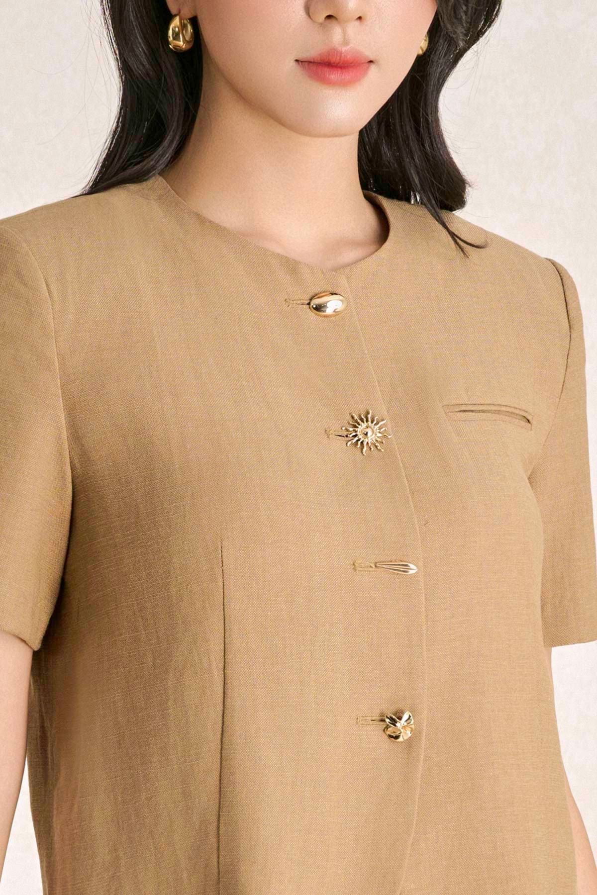 BAK33791 - Áo kiểu công sở vải thô đũi dáng ngắn cổ tròn thân áo phối khuy kim loại thời trang - PANTIO