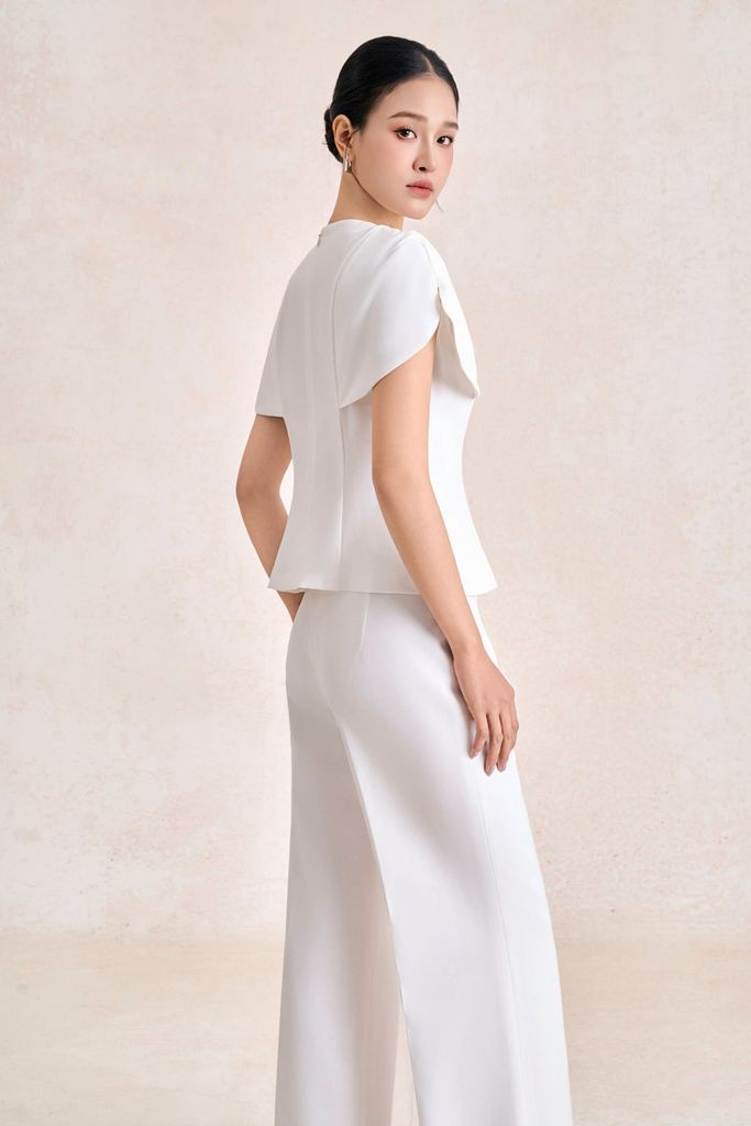 BAK33796 - Áo kiểu công sở vải thô dáng peplum cổ tròn vai áo cách điệu thân áo đính khuy đá kim loại thời trang khoá thân sau - PANTIO