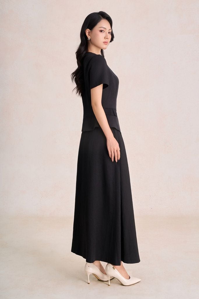 BAK33797 - Áo kiểu công sở vải tơ dáng peplum cổ tròn tay cộc thân áo phối khuy đá tạo kiểu - PANTIO