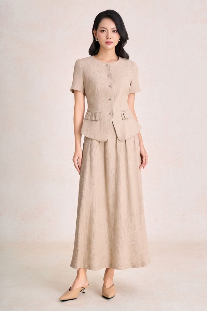 BAK33797 - Áo kiểu công sở vải tơ dáng peplum cổ tròn tay cộc thân áo phối khuy đá tạo kiểu - PANTIO