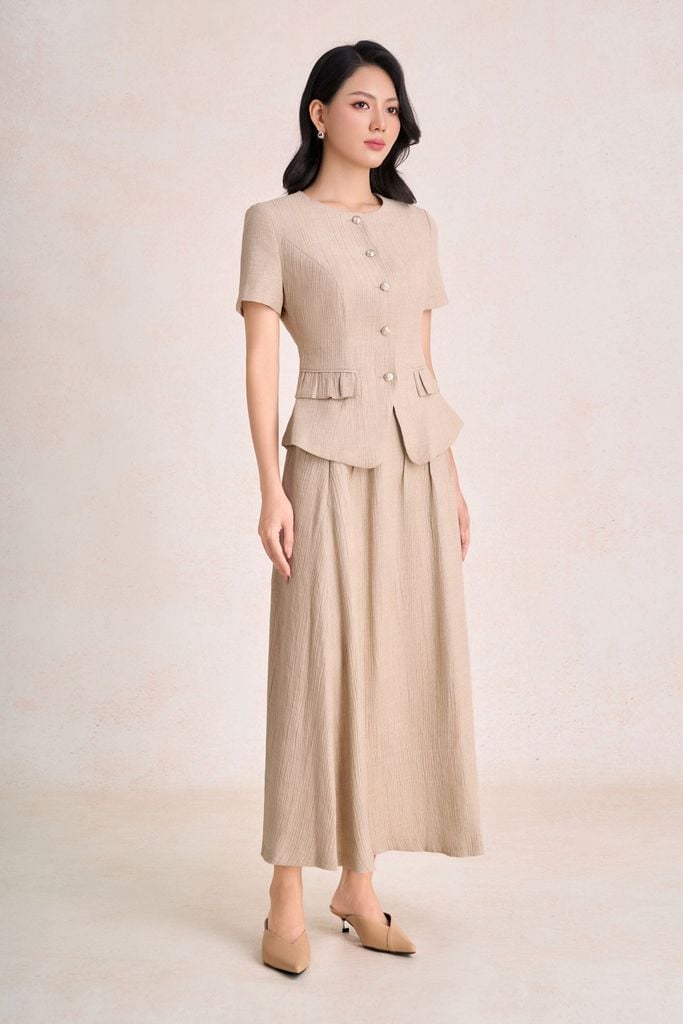 BAK33797 - Áo kiểu công sở vải tơ dáng peplum cổ tròn tay cộc thân áo phối khuy đá tạo kiểu - PANTIO