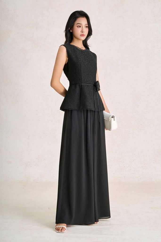 BAK33800 - Áo kiểu dạo phố vải ren lưới dáng peplum cổ tròn tay chờm thân áo phối dây hoa tạo kiểu khoá thân sau - PANTIO