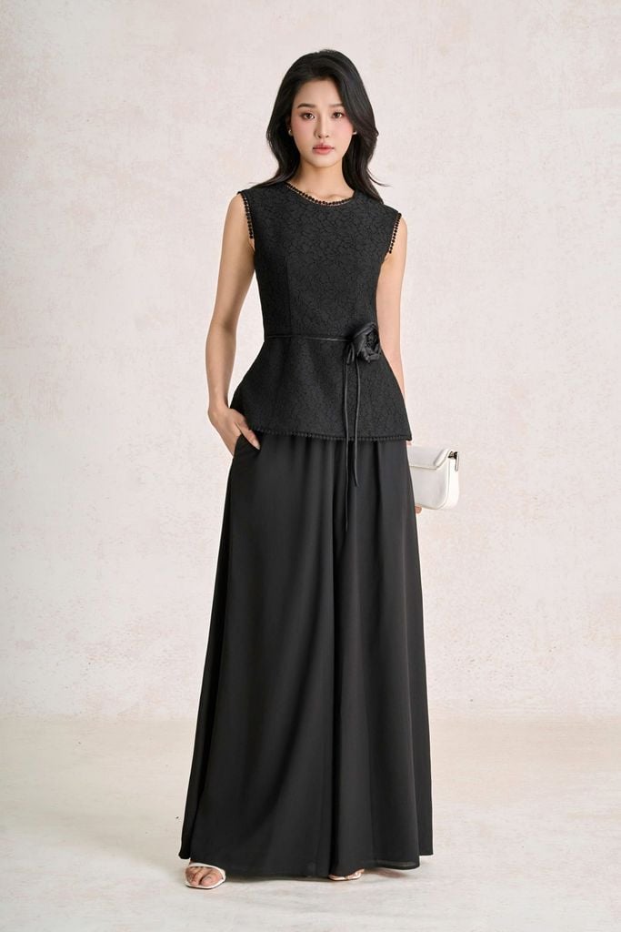 BAK33800 - Áo kiểu dạo phố vải ren lưới dáng peplum cổ tròn tay chờm thân áo phối dây hoa tạo kiểu khoá thân sau - PANTIO