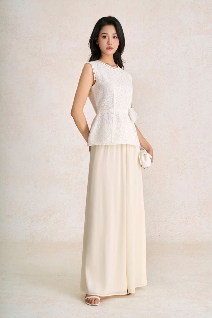 BAK33800 - Áo kiểu dạo phố vải ren lưới dáng peplum cổ tròn tay chờm thân áo phối dây hoa tạo kiểu khoá thân sau - PANTIO