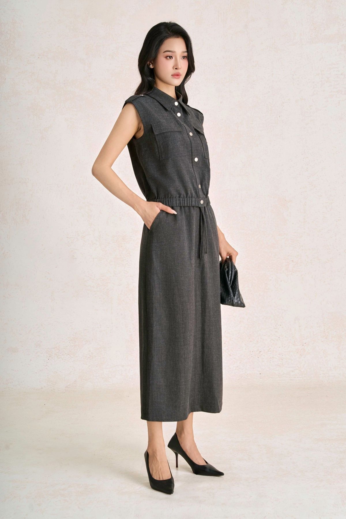 BAK33820 - Áo kiểu công sở vải thô đũi dáng suông cổ bẻ tay chờm gấu áo bo chun ôm tạo kiểu - PANTIO