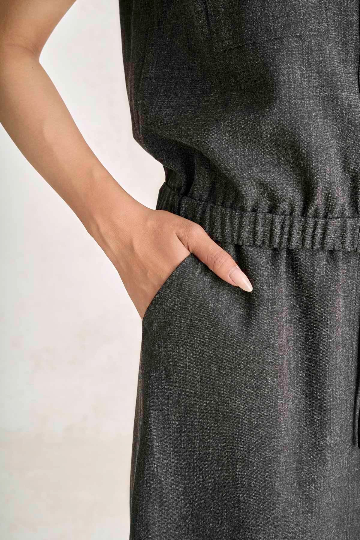 BAK33820 - Áo kiểu công sở vải thô đũi dáng suông cổ bẻ tay chờm gấu áo bo chun ôm tạo kiểu - PANTIO