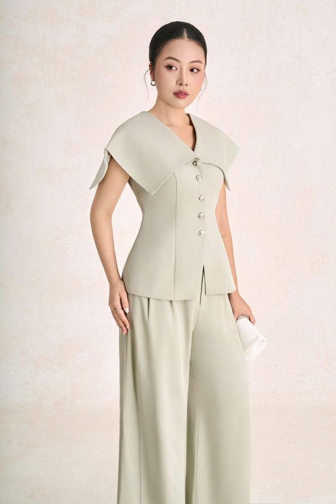 BAK33824 - Áo sơ mi kiểu công sở vải tuytsi dáng ôm cổ xẻ V tay chờm cách điệu thân áo phối khuy thời trang - PANTIO