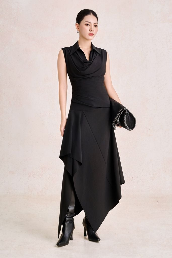 BAK33830 - Áo kiểu công sở vải cotton dáng suông cổ đức thân áo phối ly đổ tạo kiểu - PANTIO