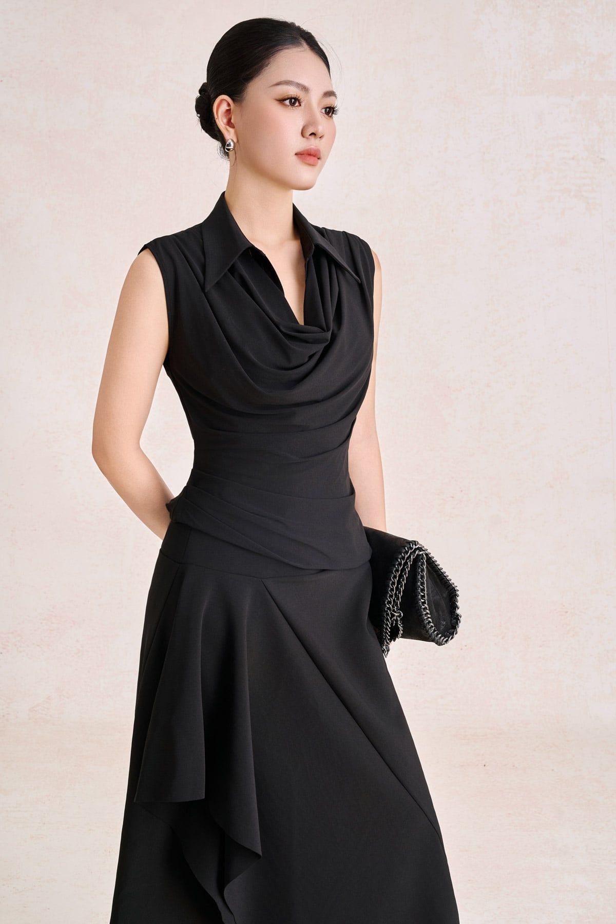 BJD33830 - Chân váy dài công sở vải cotton dáng chữ A cạp cao thân váy phối vạt lệch cách điệu - PANTIO