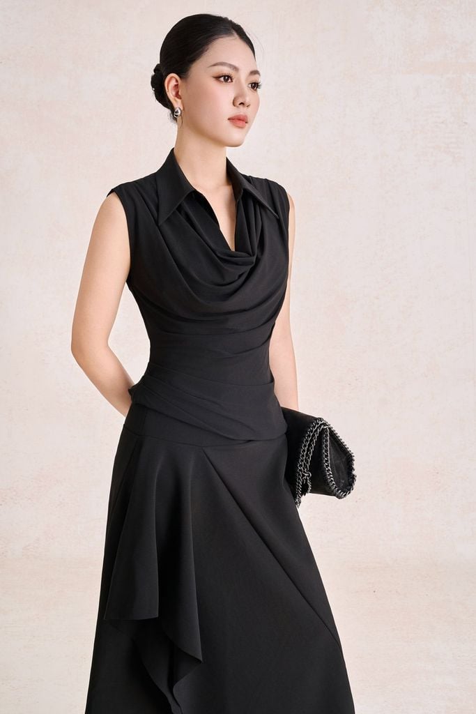 BAK33830 - Áo kiểu công sở vải cotton dáng suông cổ đức thân áo phối ly đổ tạo kiểu - PANTIO