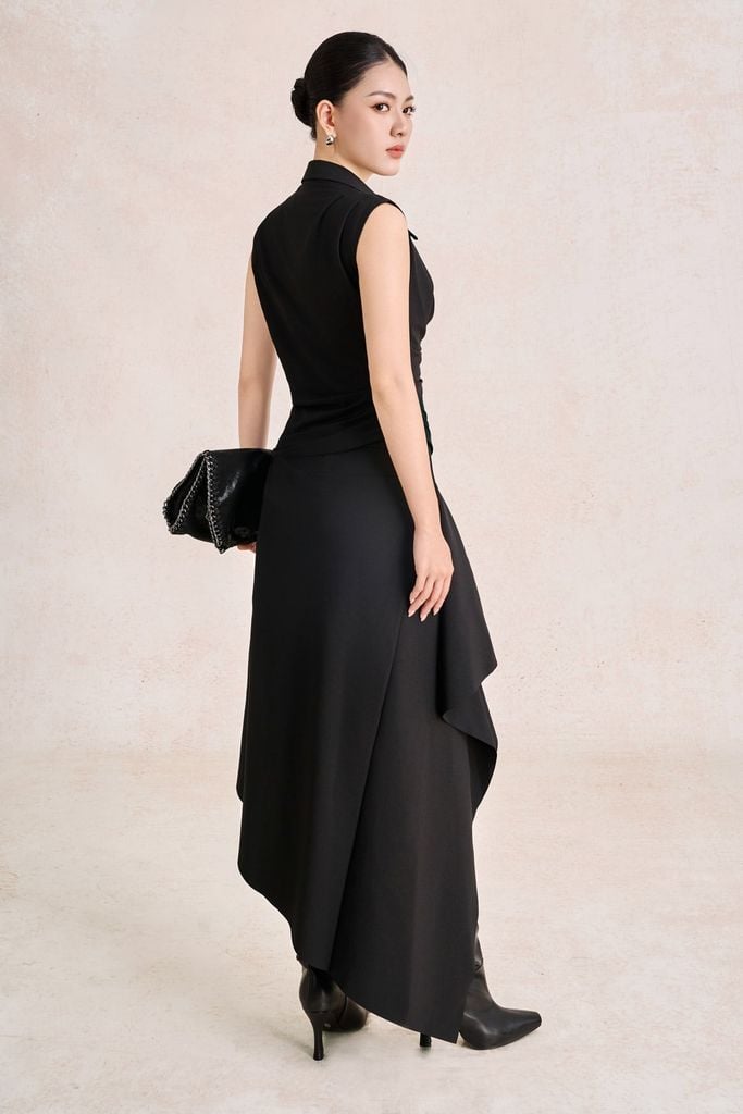 BAK33830 - Áo kiểu công sở vải cotton dáng suông cổ đức thân áo phối ly đổ tạo kiểu - PANTIO