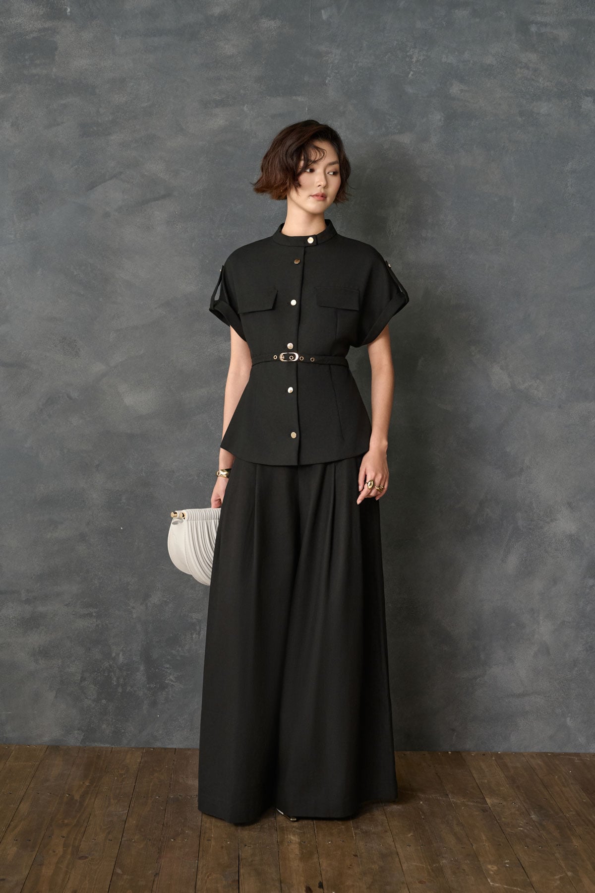 BAK33829 - Áo kiểu công sở vải thô dáng peplum cổ cao tay cộc thân áo phối dây đai tạo kiểu - PANTIO