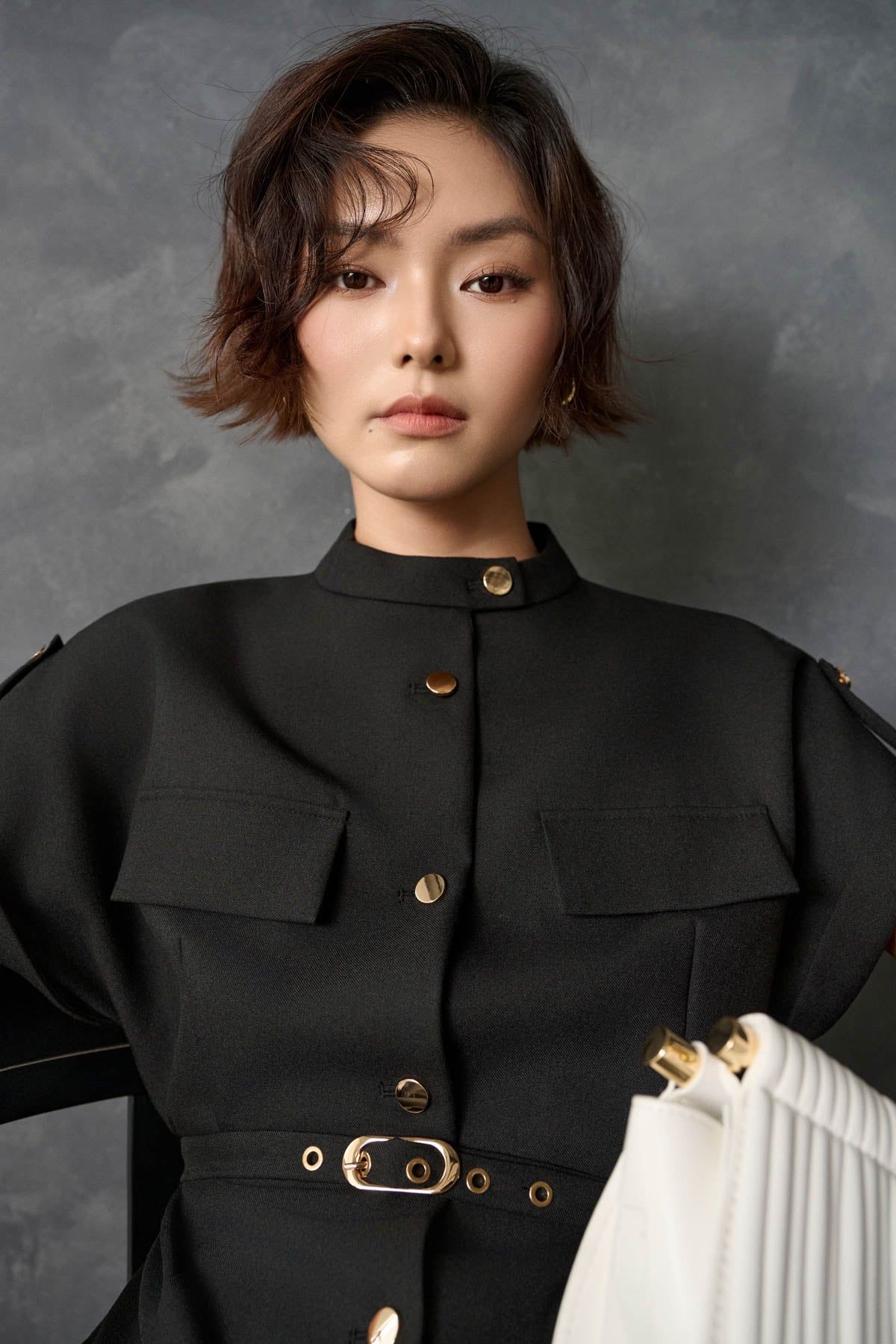 BAK33829 - Áo kiểu công sở vải thô dáng peplum cổ cao tay cộc thân áo phối dây đai tạo kiểu - PANTIO