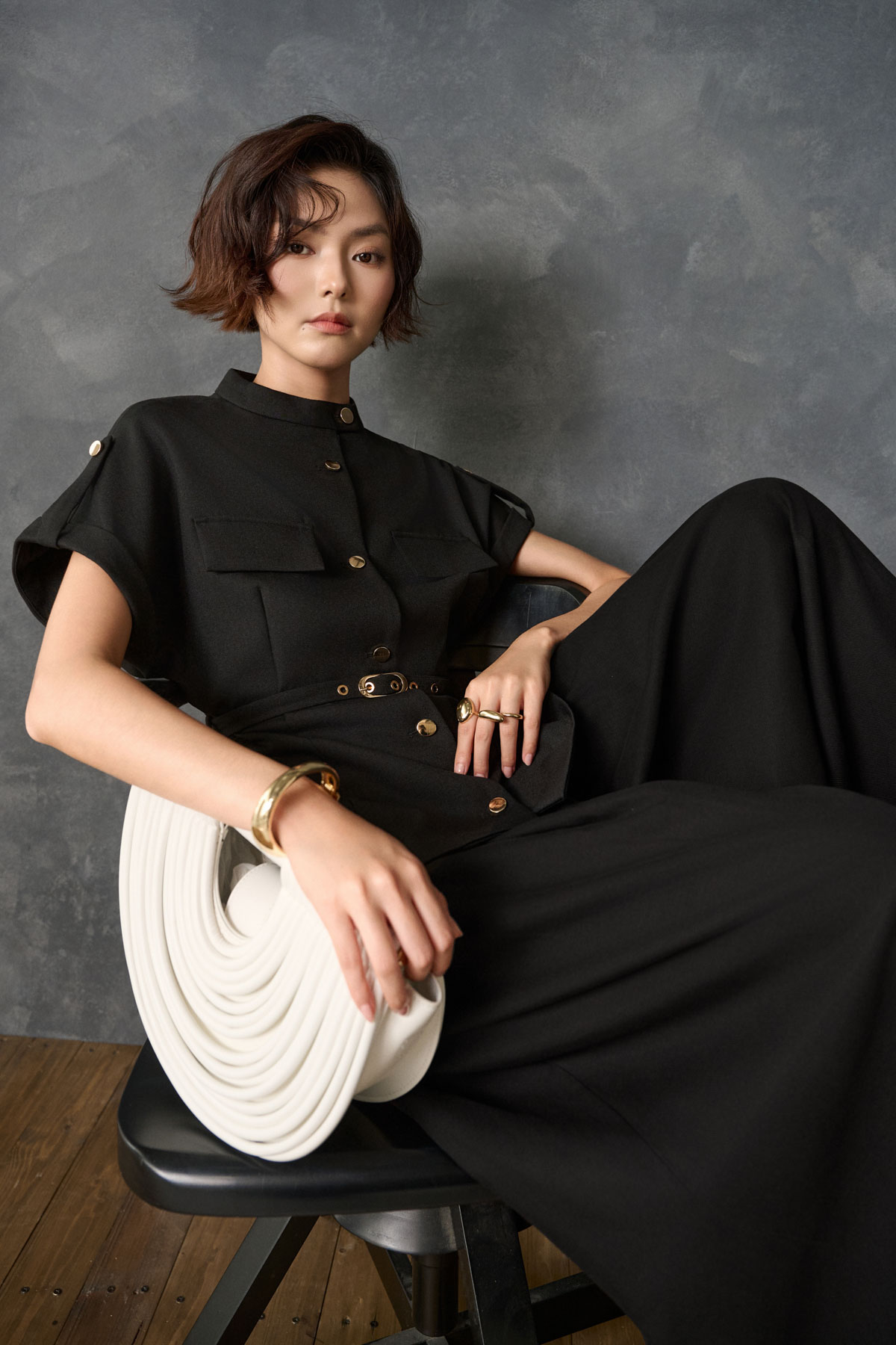 BAK33829 - Áo kiểu công sở vải thô dáng peplum cổ cao tay cộc thân áo phối dây đai tạo kiểu - PANTIO