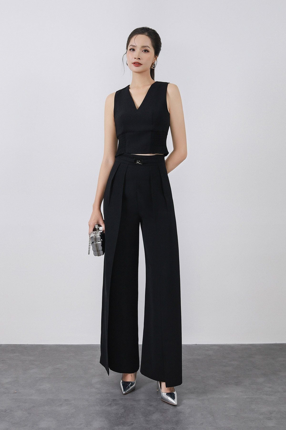 BQD73183 - Quần dài công sở vải phi cát dáng suông ống đứng phối vạt thời trang cạp đính phụ kiện kim loại - PANTIO