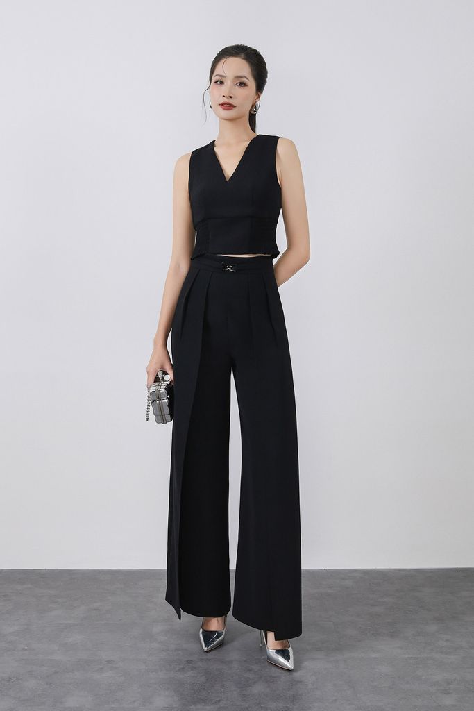 BAK73183 - Áo kiểu công sở vải phi cát dáng croptop cổ xẻ V không tay thân áo phối chun ôm tạo kiểu - PANTIO