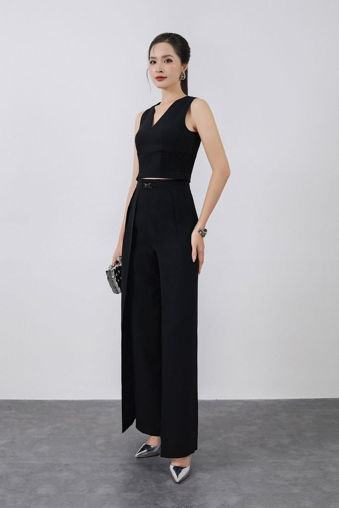 BQD73183 - Quần dài công sở vải phi cát dáng suông ống đứng phối vạt thời trang cạp đính phụ kiện kim loại - PANTIO