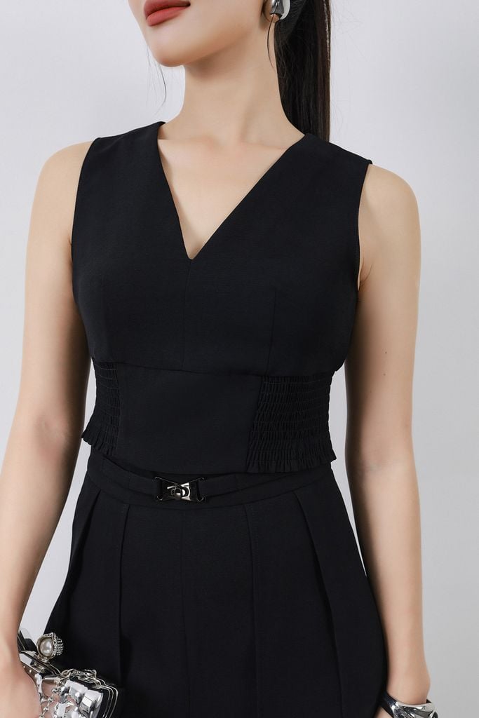 BAK73183 - Áo kiểu công sở vải phi cát dáng croptop cổ xẻ V không tay thân áo phối chun ôm tạo kiểu - PANTIO