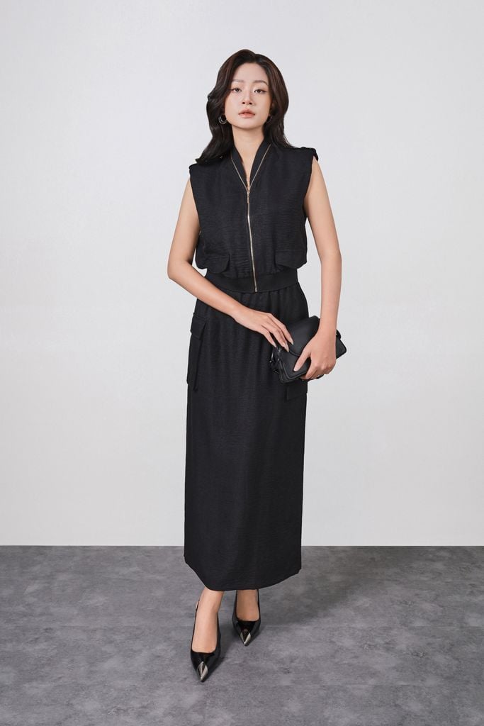 BAK73509 - Áo kiểu công sở vải thô đũi dáng suông tay chờm thân áo phối khóa kim loại gấu áo bo chun ôm thời trang - PANTIO