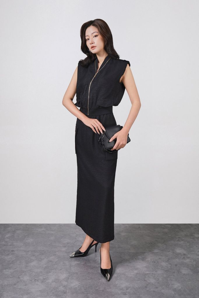 BAK73509 - Áo kiểu công sở vải thô đũi dáng suông tay chờm thân áo phối khóa kim loại gấu áo bo chun ôm thời trang - PANTIO