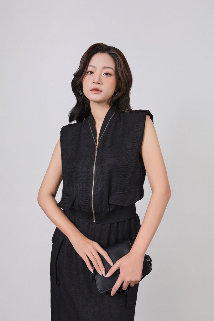 BAK73509 - Áo kiểu công sở vải thô đũi dáng suông tay chờm thân áo phối khóa kim loại gấu áo bo chun ôm thời trang - PANTIO