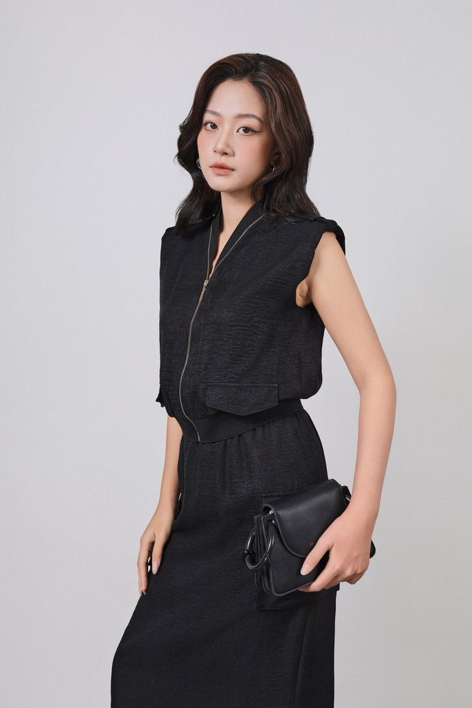 BAK73509 - Áo kiểu công sở vải thô đũi dáng suông tay chờm thân áo phối khóa kim loại gấu áo bo chun ôm thời trang - PANTIO