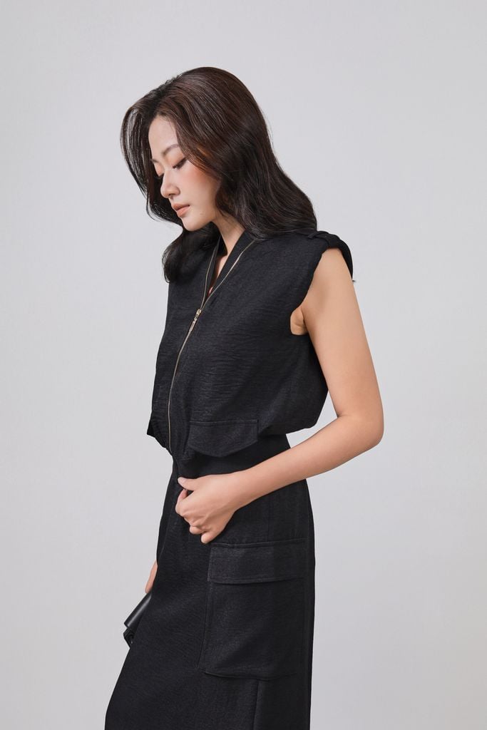 BAK73509 - Áo kiểu công sở vải thô đũi dáng suông tay chờm thân áo phối khóa kim loại gấu áo bo chun ôm thời trang - PANTIO