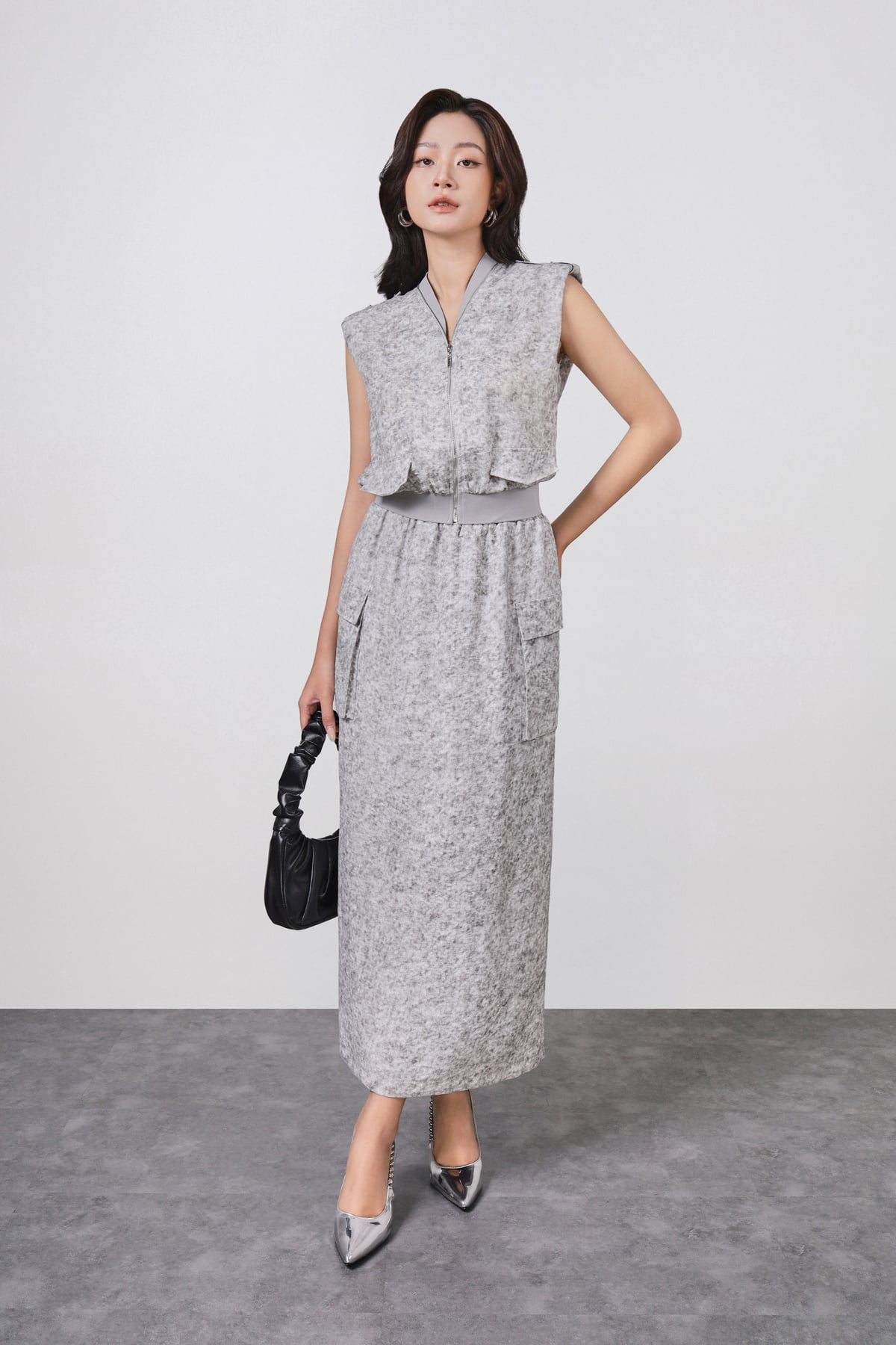 BAK73509 - Áo kiểu công sở vải thô đũi dáng suông tay chờm thân áo phối khóa kim loại gấu áo bo chun ôm thời trang - PANTIO