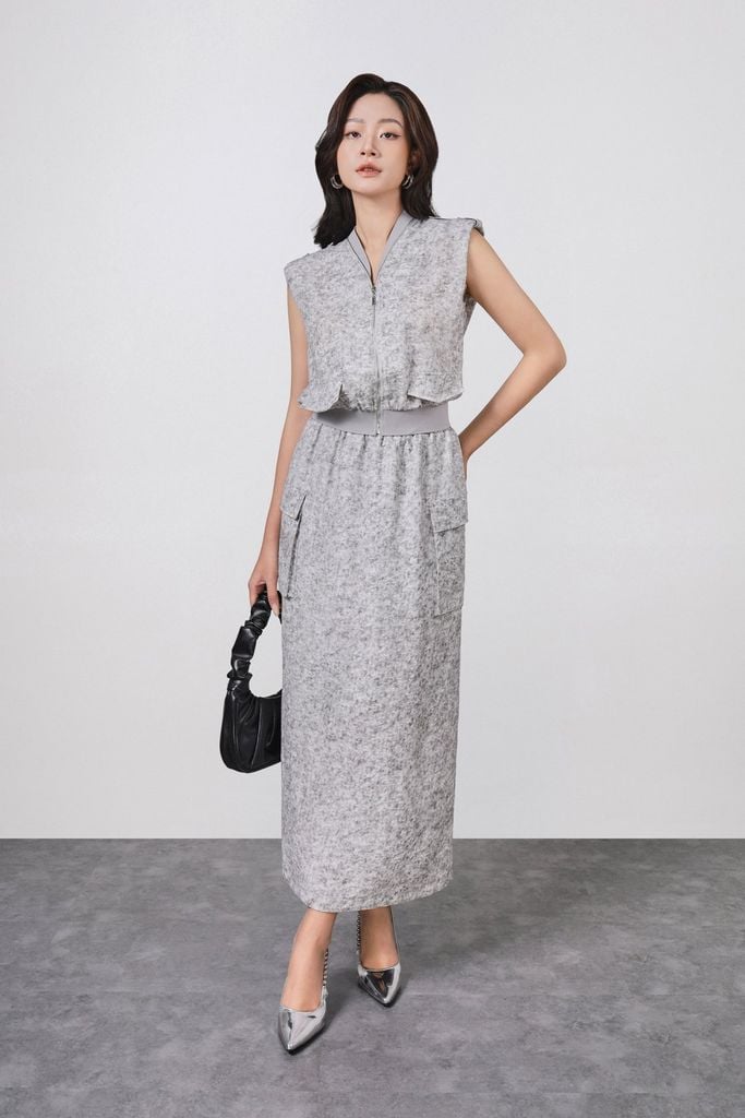 BAK73509 - Áo kiểu công sở vải thô đũi dáng suông tay chờm thân áo phối khóa kim loại gấu áo bo chun ôm thời trang - PANTIO