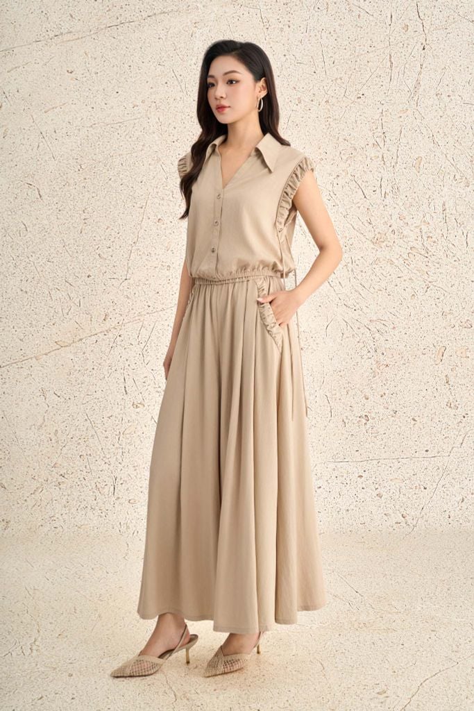 BAK73512 - Áo kiểu dạo phố vải tuytsi dáng suông cổ bẻ xẻ V tay chờm xếp nhún thân áo phối khuy đá thời trang - PANTIO