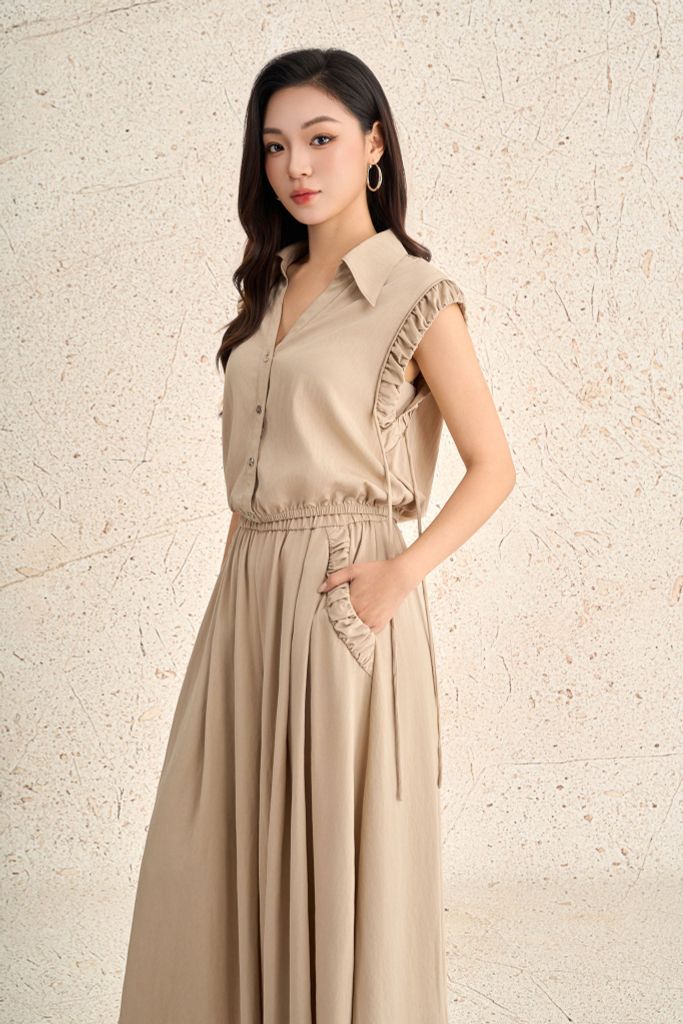 BQD73512 - Quần dài dạo phố vải tuytsi dáng suông ống rộng có túi cạp chun xếp nhún tạo xoè - PANTIO