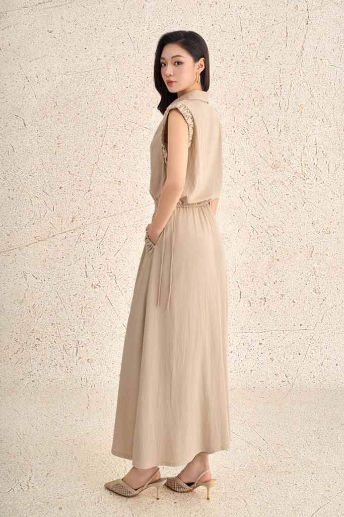 BAK73512 - Áo kiểu dạo phố vải tuytsi dáng suông cổ bẻ xẻ V tay chờm xếp nhún thân áo phối khuy đá thời trang - PANTIO