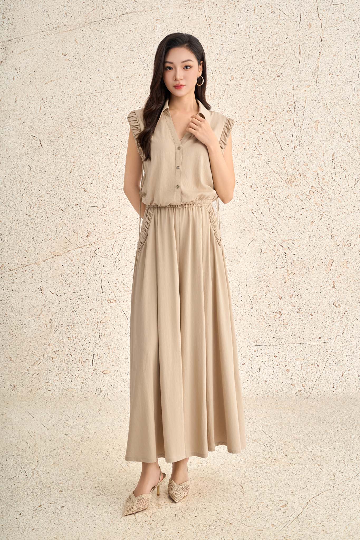 BQD73512 - Quần dài dạo phố vải tuytsi dáng suông ống rộng có túi cạp chun xếp nhún tạo xoè - PANTIO