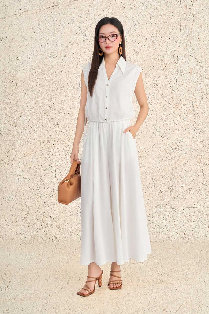 BAK73512 - Áo kiểu dạo phố vải tuytsi dáng suông cổ bẻ xẻ V tay chờm xếp nhún thân áo phối khuy đá thời trang - PANTIO